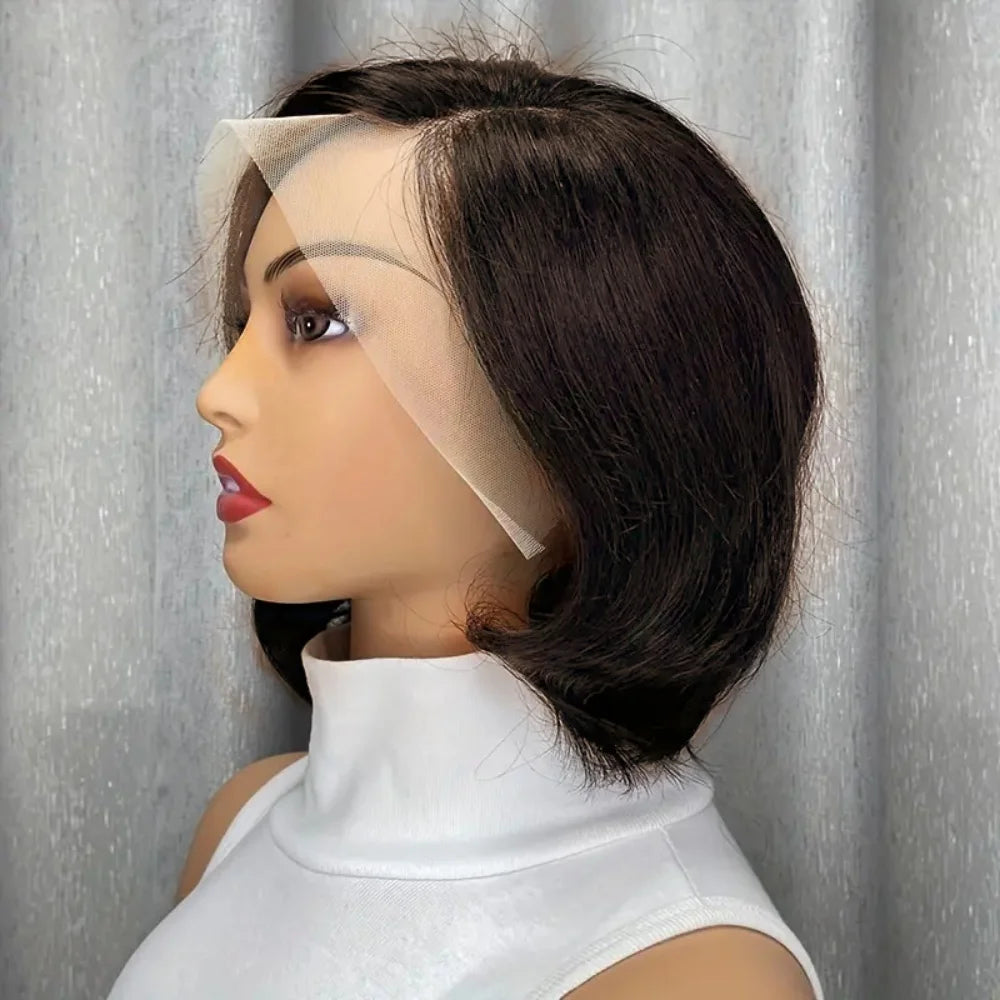 Brown Black Human Hair Wig 13x4 Lace Front Pixie Cut with Pre-Plucked Hairline Baby Hair 180%