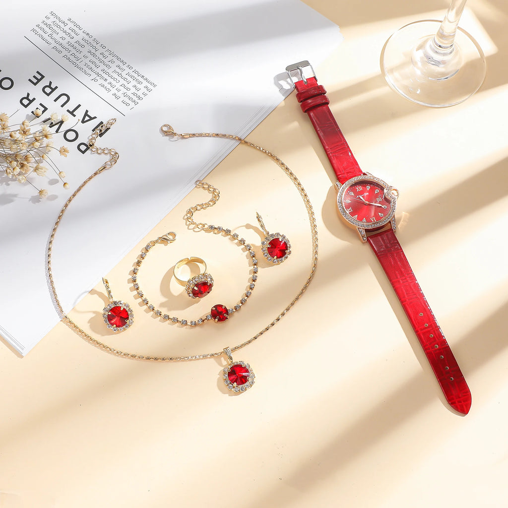 6pcs/set Fashion Shiny Surface Strap Watch   Beaded Necklace Set for Women, Ideal for Festive Gift Giving, No Gift