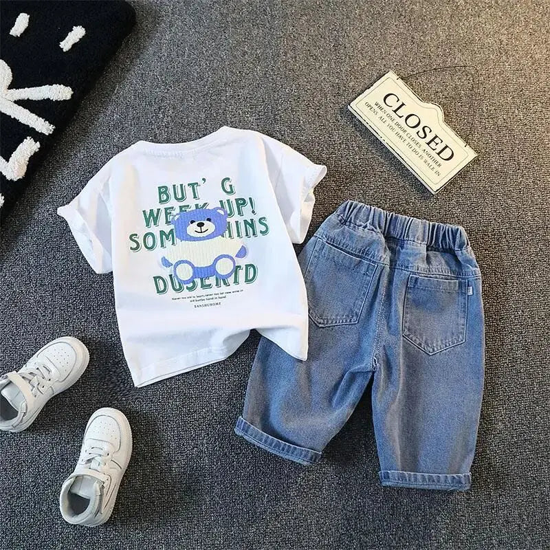 Children's Clothing Set New Boys' Summer Short Sleeve T-shirt Shorts Baby Cool Denim Shorts Two Piece Set Kids Outfits