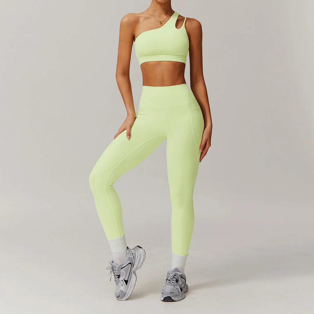 BIANHUI Sportswear Yoga Set Quick-Dry Tight Suit With Pocket Sports Women Tracksuits Asymmetric Shoulder Running Gym Leggings