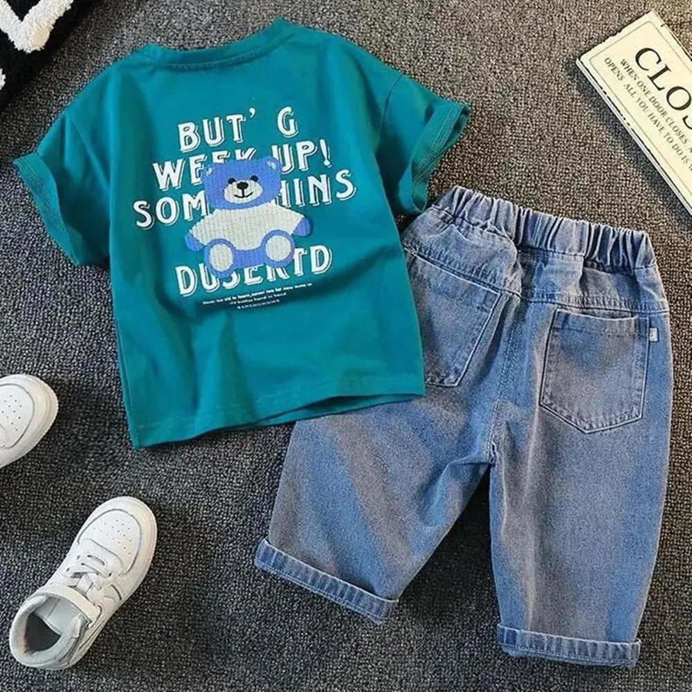 Children's Clothing Set New Boys' Summer Short Sleeve T-shirt Shorts Baby Cool Denim Shorts Two Piece Set Kids Outfits