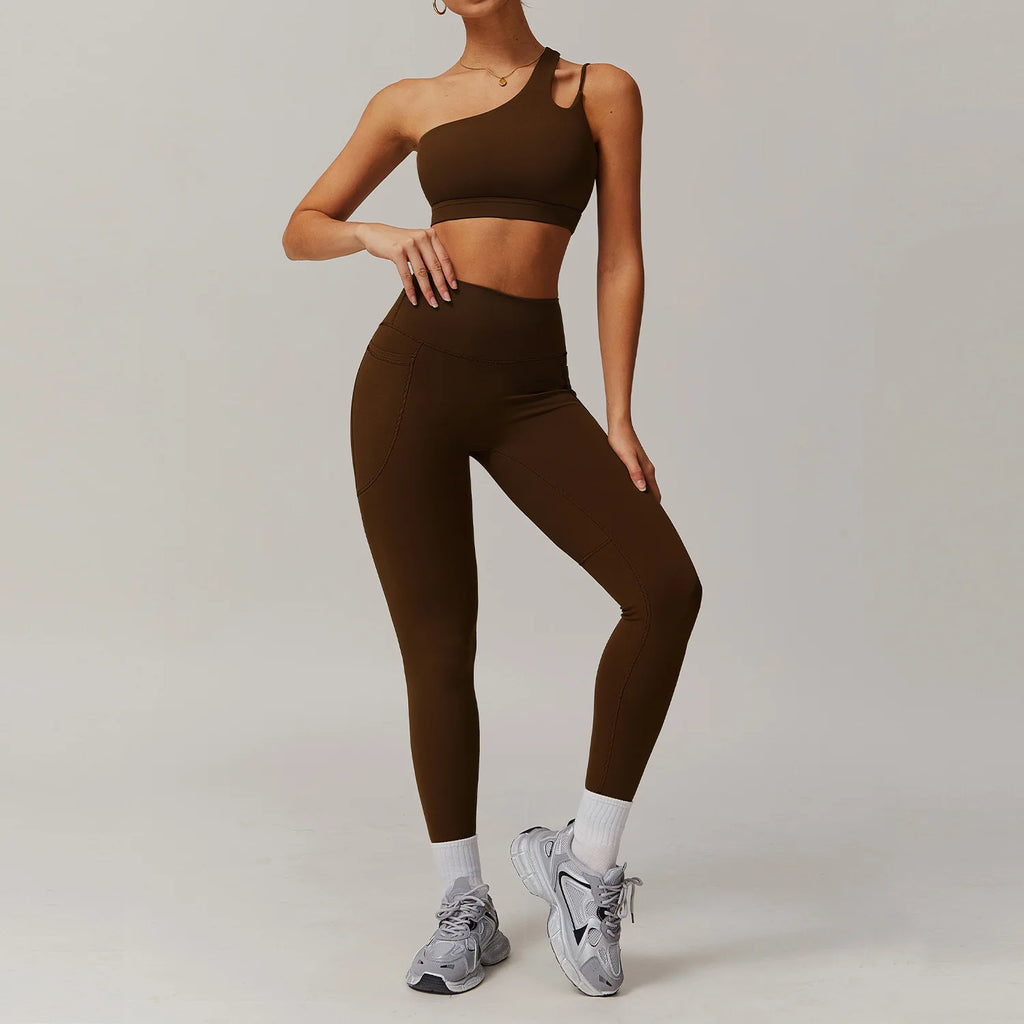 BIANHUI Sportswear Yoga Set Quick-Dry Tight Suit With Pocket Sports Women Tracksuits Asymmetric Shoulder Running Gym Leggings