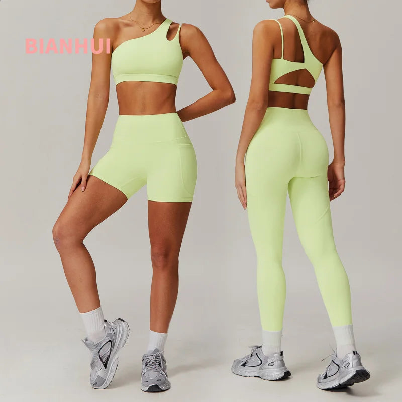 BIANHUI Sportswear Yoga Set Quick-Dry Tight Suit With Pocket Sports Women Tracksuits Asymmetric Shoulder Running Gym Leggings