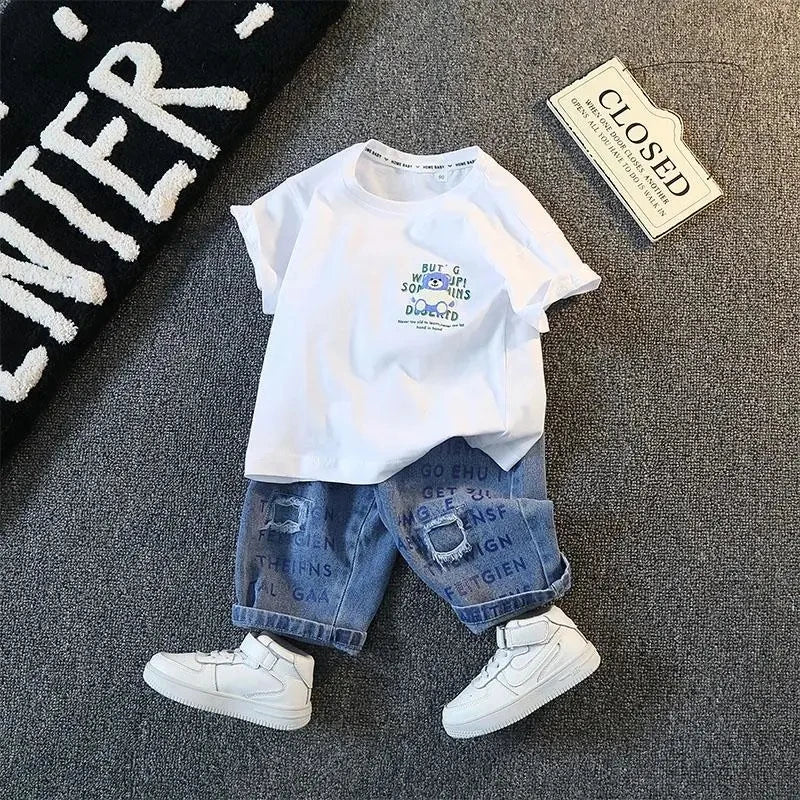 Children's Clothing Set New Boys' Summer Short Sleeve T-shirt Shorts Baby Cool Denim Shorts Two Piece Set Kids Outfits