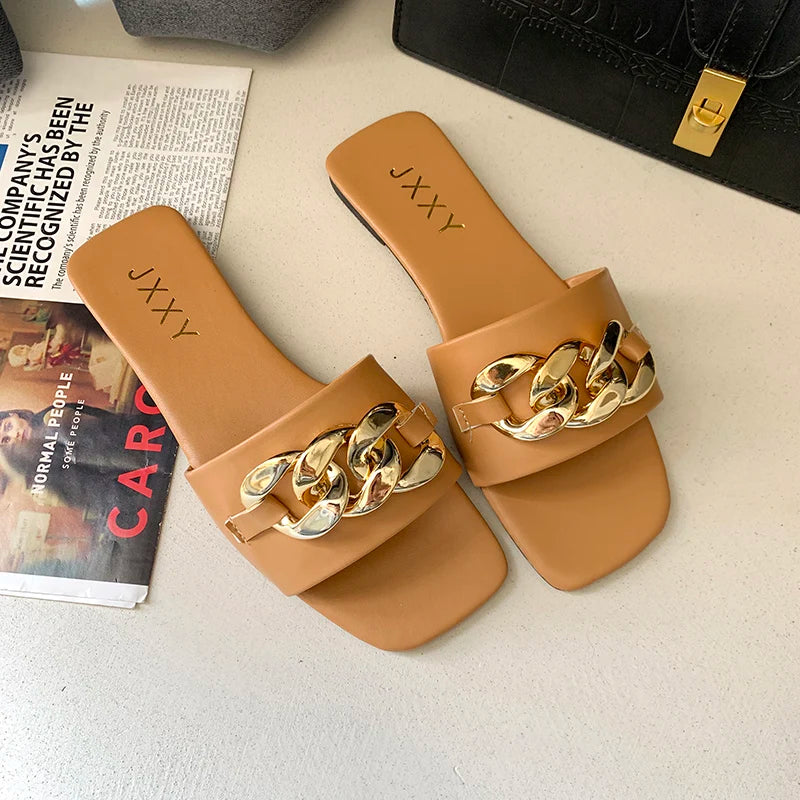 2025 New Fashion Women's Slippers Square Toe Chain Slippers