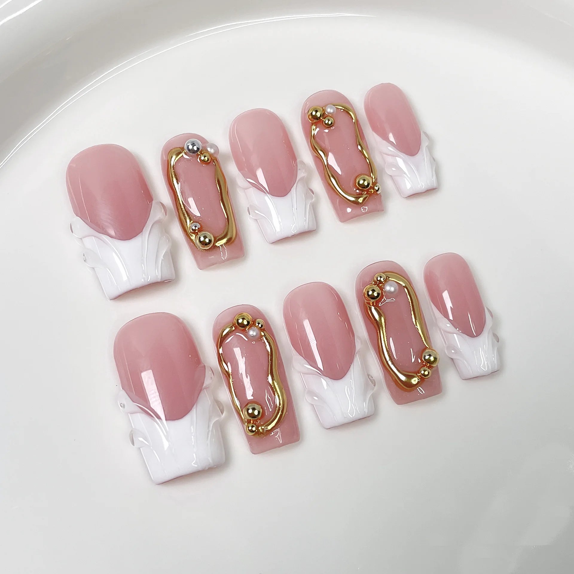 10Pcs Pink Simple Coffin Press on Nails Handmade French Ballet Mid-length Fake Nail Artificial Acrylic Fashion Wearable Nail Art