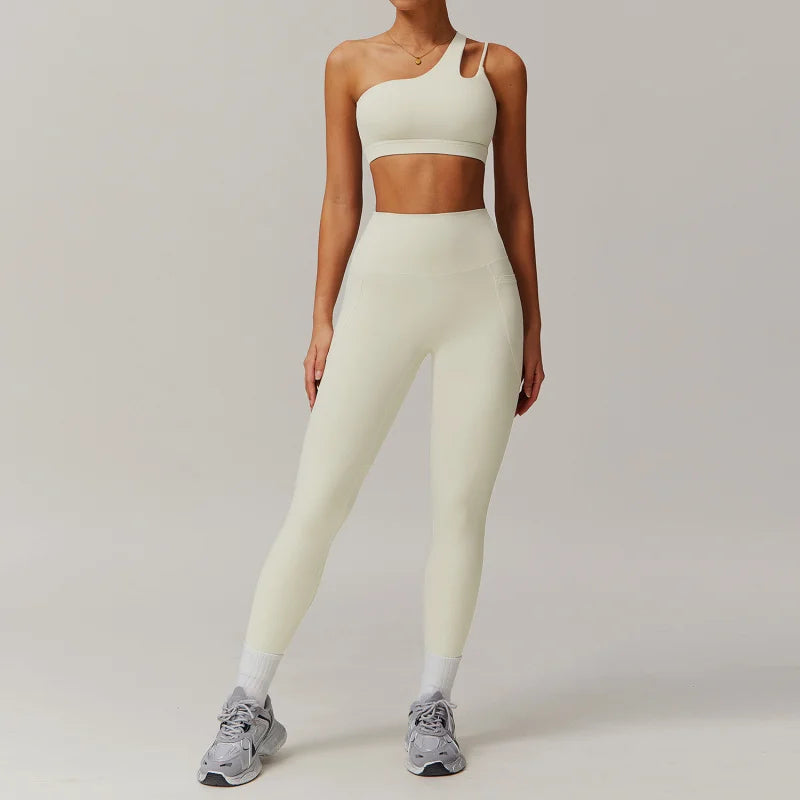 BIANHUI Sportswear Yoga Set Quick-Dry Tight Suit With Pocket Sports Women Tracksuits Asymmetric Shoulder Running Gym Leggings
