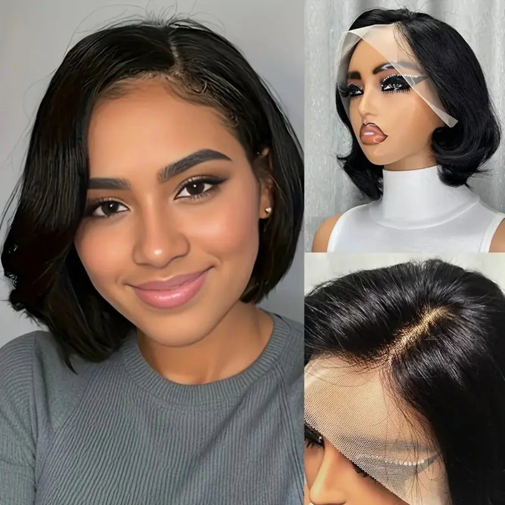 Brown Black Human Hair Wig 13x4 Lace Front Pixie Cut with Pre-Plucked Hairline Baby Hair 180%
