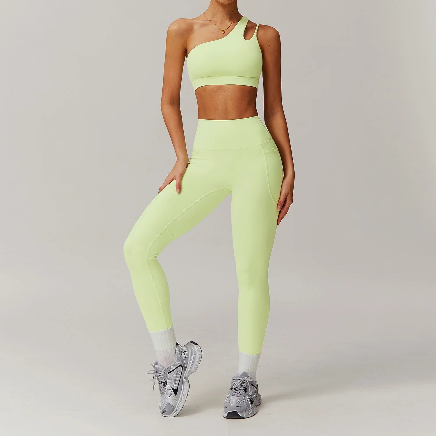 BIANHUI Sportswear Yoga Set Quick-Dry Tight Suit With Pocket Sports Women Tracksuits Asymmetric Shoulder Running Gym Leggings