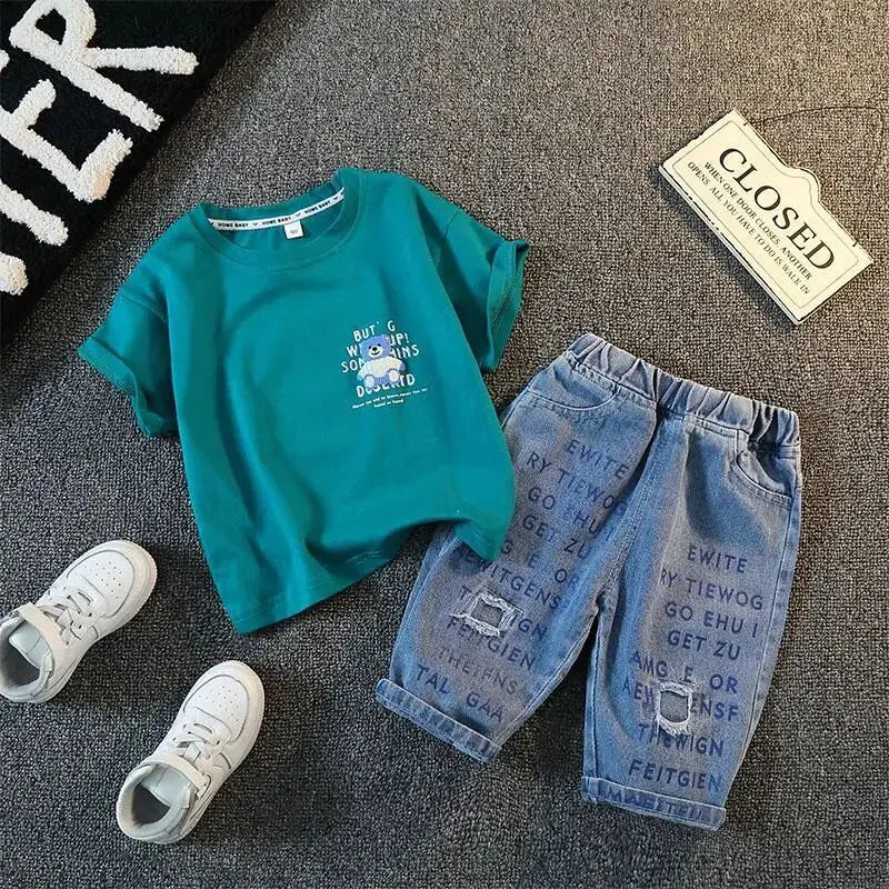 Children's Clothing Set New Boys' Summer Short Sleeve T-shirt Shorts Baby Cool Denim Shorts Two Piece Set Kids Outfits