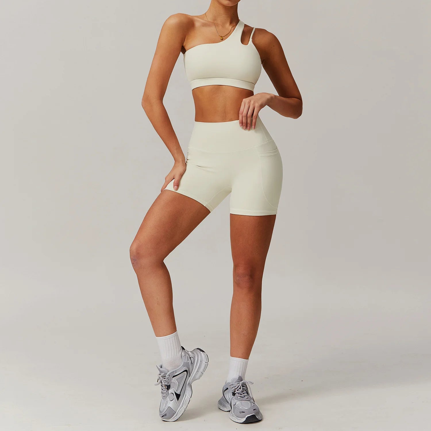 BIANHUI Sportswear Yoga Set Quick-Dry Tight Suit With Pocket Sports Women Tracksuits Asymmetric Shoulder Running Gym Leggings