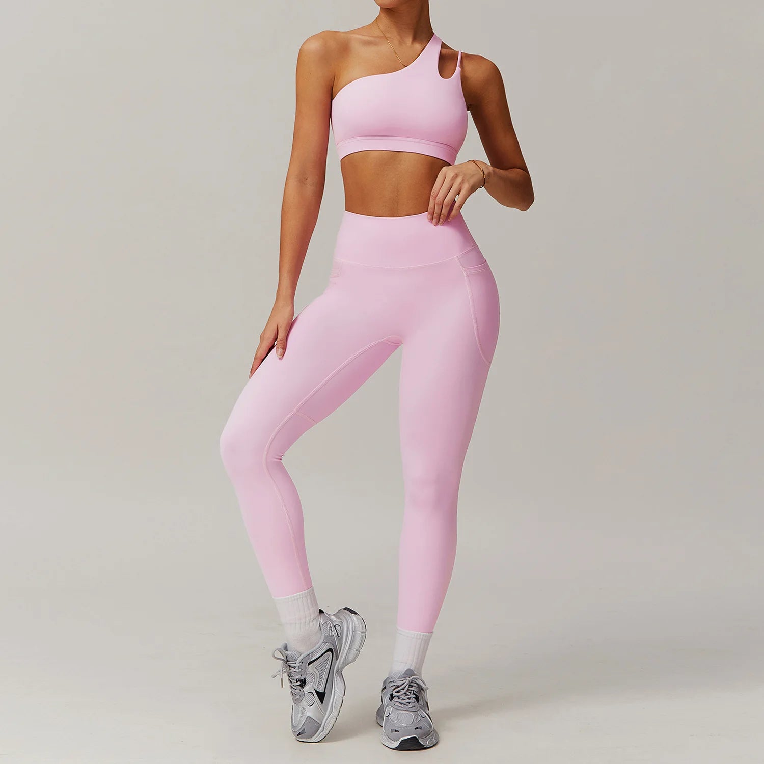 BIANHUI Sportswear Yoga Set Quick-Dry Tight Suit With Pocket Sports Women Tracksuits Asymmetric Shoulder Running Gym Leggings