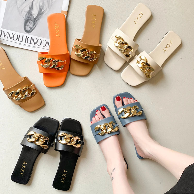 2025 New Fashion Women's Slippers Square Toe Chain Slippers
