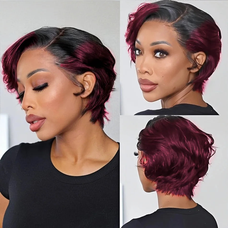 13x4 Pixie Cut Transparent Lace Wig for Women 6 inch human hair Brazilian Remy Hair Wavy Short Bob Style wig  Natural Look Wig