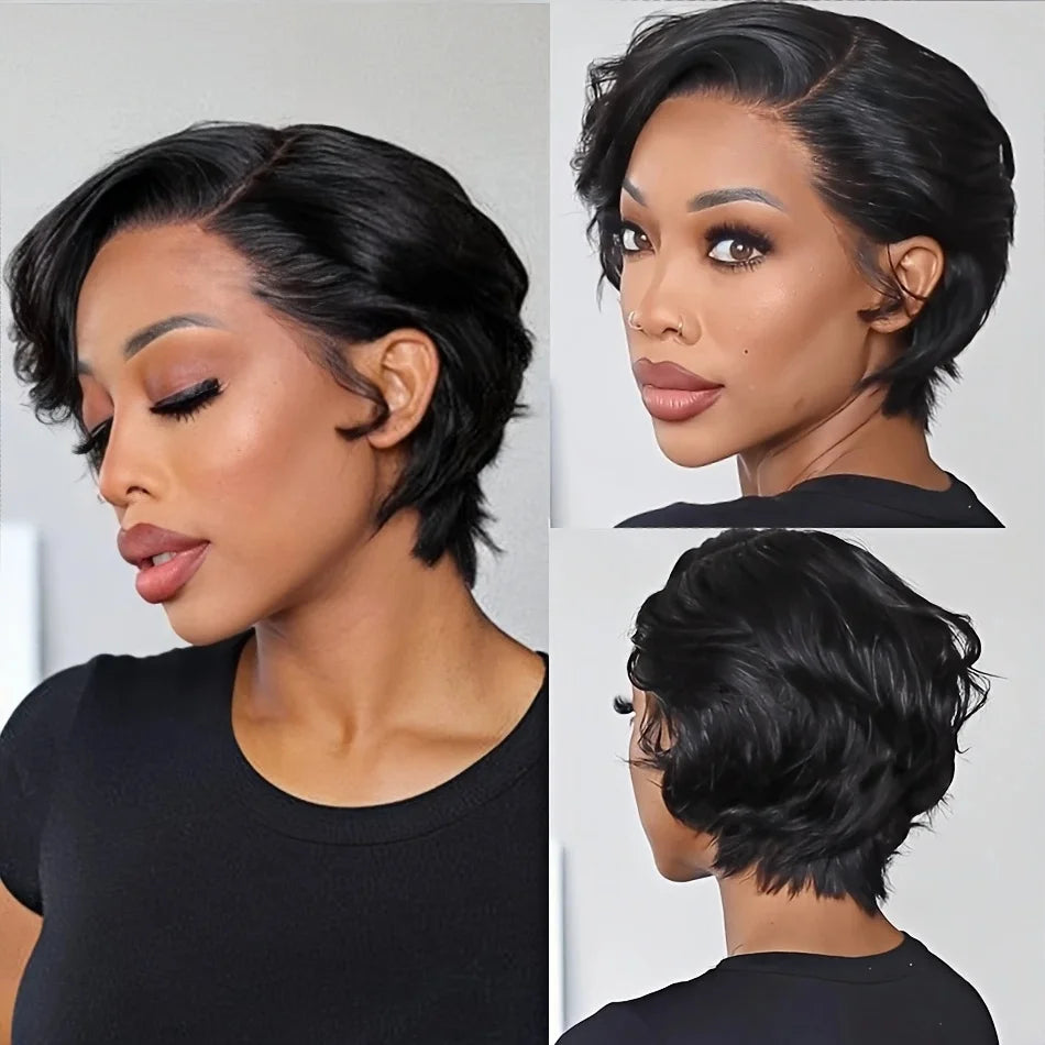13x4 Pixie Cut Transparent Lace Wig for Women 6 inch human hair Brazilian Remy Hair Wavy Short Bob Style wig  Natural Look Wig