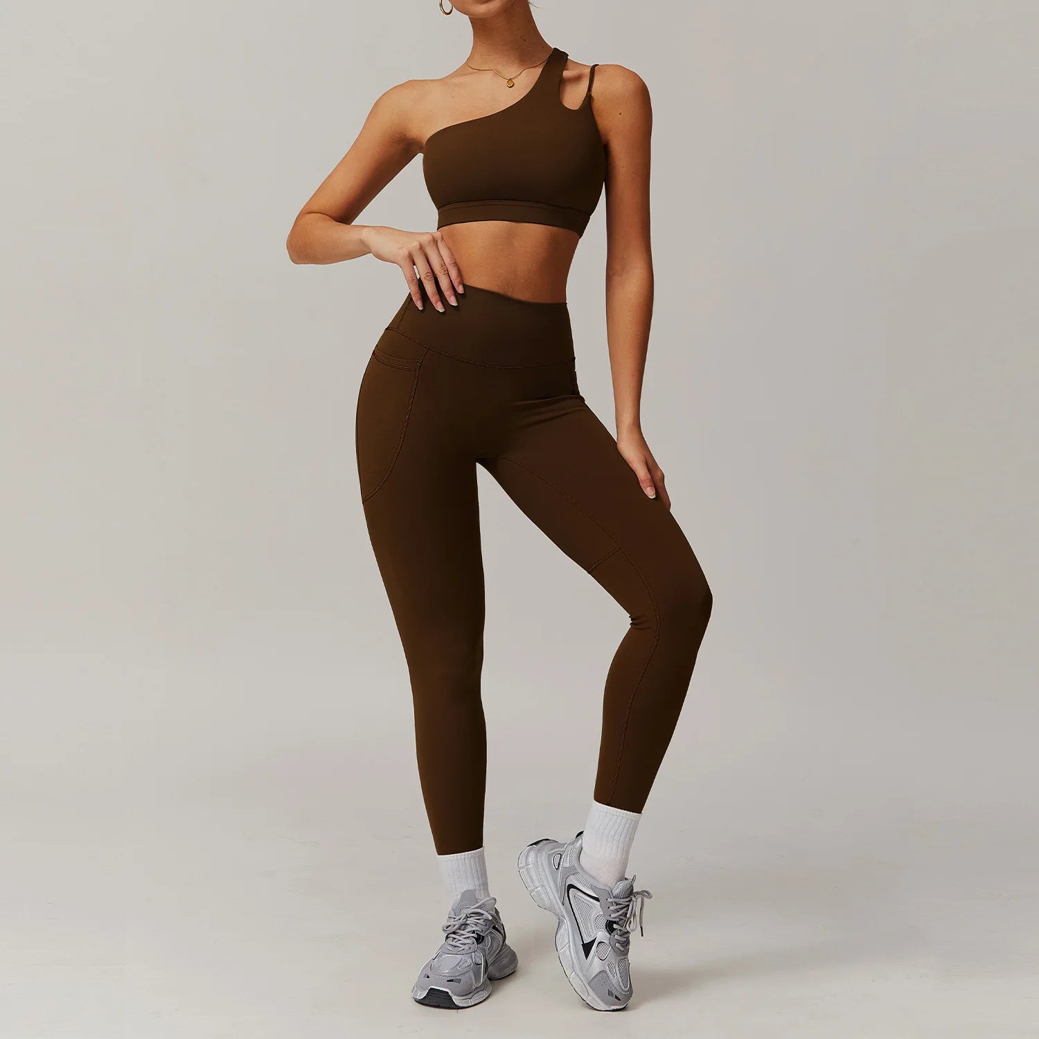 BIANHUI Sportswear Yoga Set Quick-Dry Tight Suit With Pocket Sports Women Tracksuits Asymmetric Shoulder Running Gym Leggings