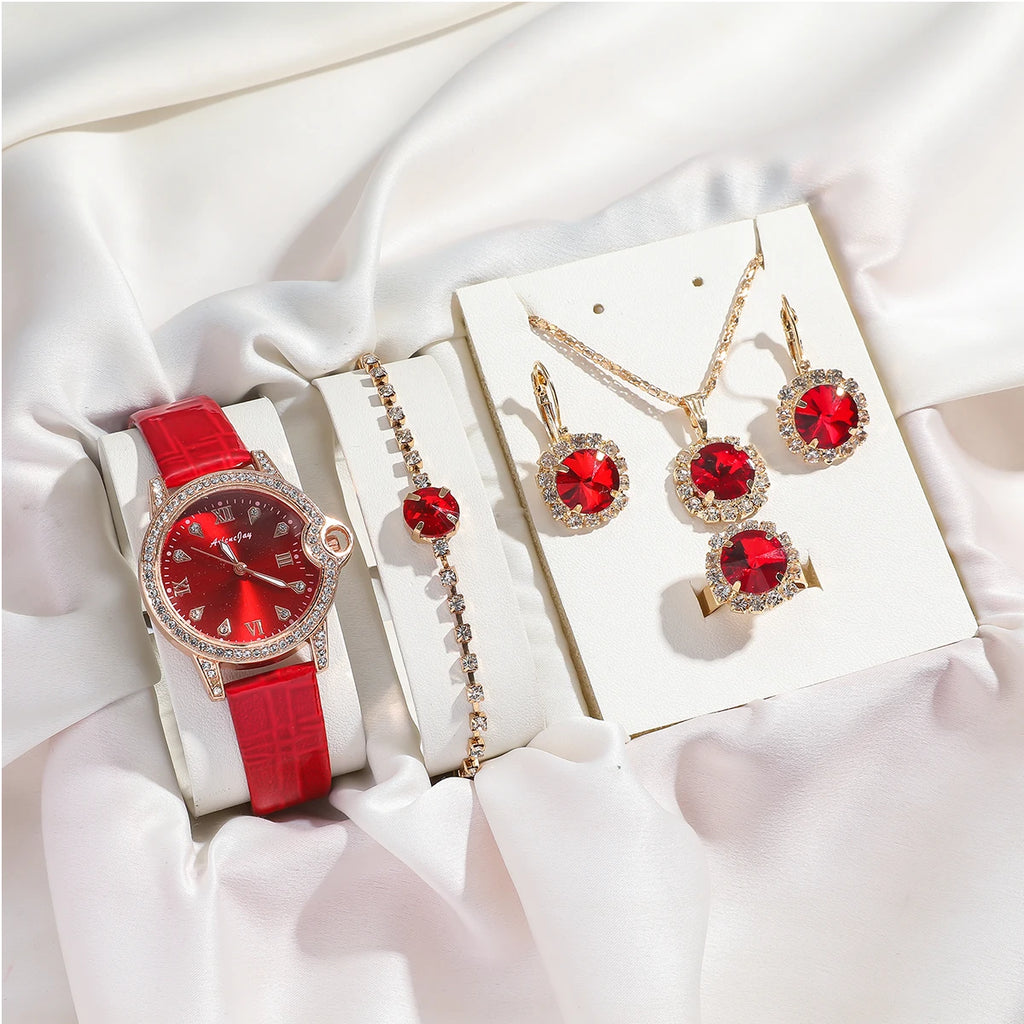 6pcs/set Fashion Shiny Surface Strap Watch   Beaded Necklace Set for Women, Ideal for Festive Gift Giving, No Gift
