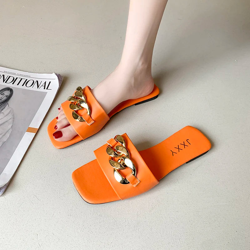 2025 New Fashion Women's Slippers Square Toe Chain Slippers