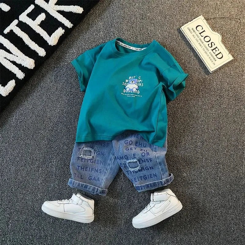 Children's Clothing Set New Boys' Summer Short Sleeve T-shirt Shorts Baby Cool Denim Shorts Two Piece Set Kids Outfits