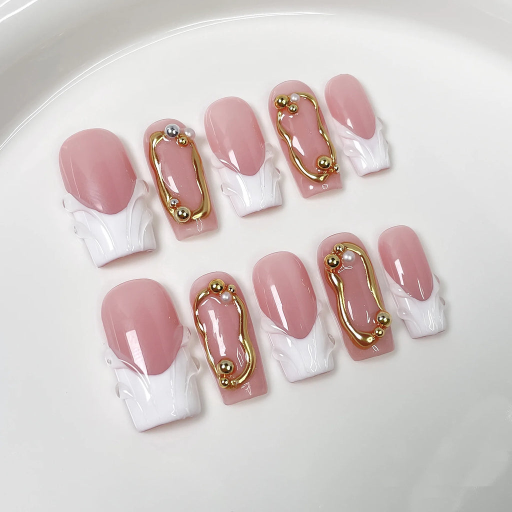 10Pcs Pink Simple Coffin Press on Nails Handmade French Ballet Mid-length Fake Nail Artificial Acrylic Fashion Wearable Nail Art