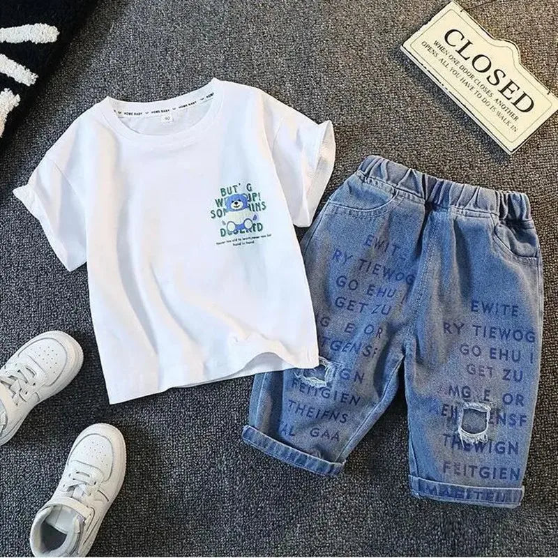 Children's Clothing Set New Boys' Summer Short Sleeve T-shirt Shorts Baby Cool Denim Shorts Two Piece Set Kids Outfits