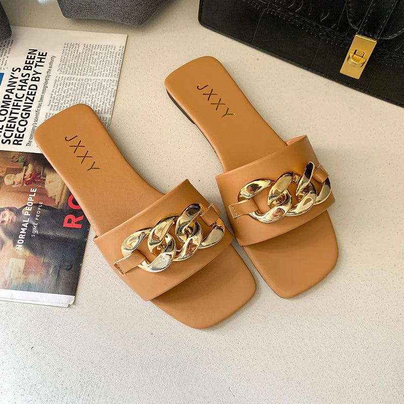 2025 New Fashion Women's Slippers Square Toe Chain Slippers